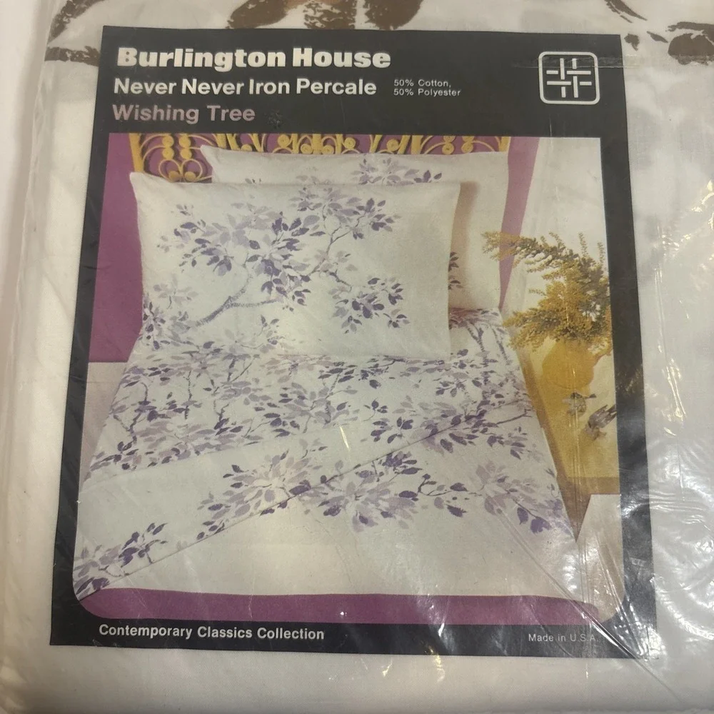 NOS VINTAGE BURLINGTON WISHING TREE NEVER NEVER IRON GOLD STAR QUEEN FLAT SHEET